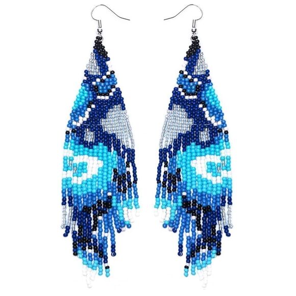 Abstract Bohemian Seed Bead Tassel Dangling Statement French Wire Hook Earrings - Picture 1 of 10